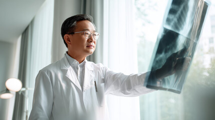 Fototapeta premium Doctor examining an X-ray in a medical office setting. An Asian doctor is analyzing an X-ray to diagnose a patient's condition