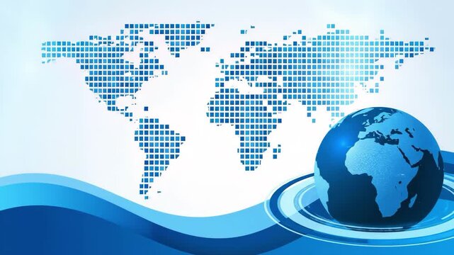 A blue globe with a world map made of small squares on a white background