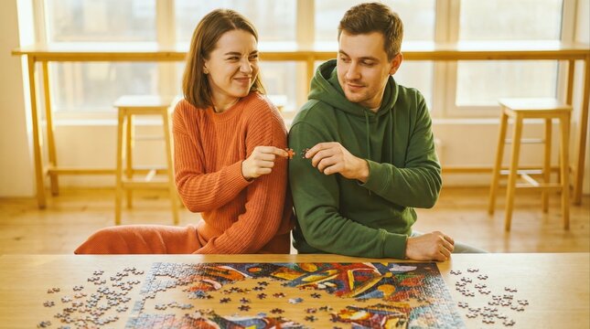 young couple enjoying puzzle game together sitting at home with natural light around