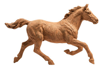 Handmade terracotta horse sculpture running isolated. Artistic clay zodiac statue.