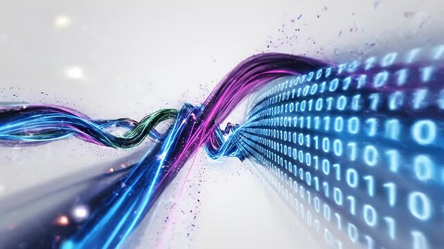 Dynamic and vibrant digital wave concept featuring flowing lines in purple, blue, and green with binary code elements, symbolizing technology and data transfer in a modern abstract design.
