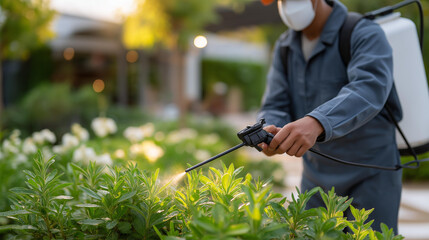 A pest-control specialist attaching biodegradable repellent cartridges to a smart outdoor system that releases measured bursts at dusk — eco-friendly protection, automated home solutions, and