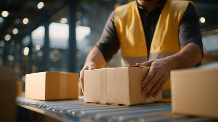 A warehouse worker organizing heavy packages on a hydraulic scissor table, raising boxes to waist level to reduce strain and increase workflow efficiency. cinematic color correction, natural uneven