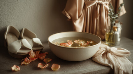 Relaxing spa day with rose petals in a bowl of water and self-care items. A serene spa scene with rose petals in water, shoes, and essential oils, perfect for relaxation and wellness