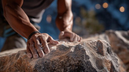 A climbing athlete chalking their hands before gripping a rough rock face, capturing the tactile interplay between skin, chalk, and natural friction — outdoor sport intensity and human–environment