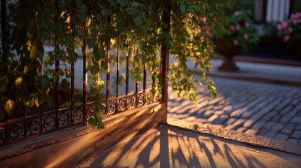 Ivy curling around a vintage wrought-iron fence at sunset, casting intricate shadows across cobblestone pavement — timeless outdoor elegance, botanical patterns, and cinematic golden-hour street