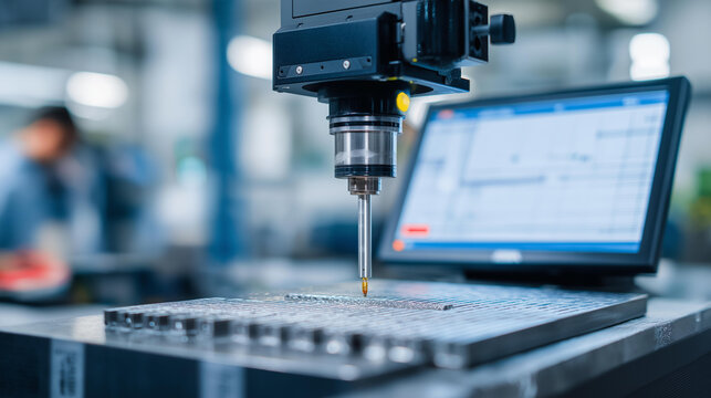 A materials engineer testing friction on a textured metal surface using a precision tribometer, digital graphs rising as the sensor measures micro-resistance &mdash; industrial R&D, surface science, and