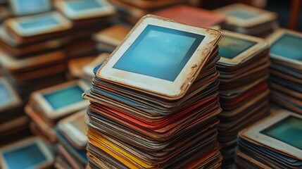 Stacks of retro polaroid frames with blank blue backgrounds create a chaotic yet nostalgic atmosphere, evoking memories of a bygone era in a disorganized display.