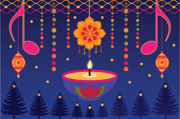 The image features a colorful artwork depicting a candle along with trees. The scene incorporates elements associated with the holiday season, such as a Christmas tree and flowers.