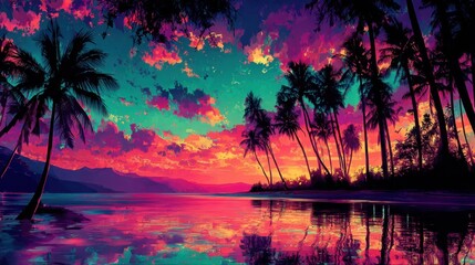 Vibrant tropical island coastline at sunset with silhouetted palm trees reflecting in calm ocean waters