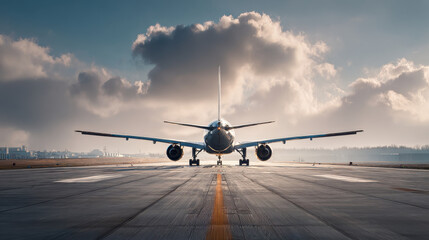 airplane on the runway, ready for takeoff against a cloudy sky. An airplane is positioned on the runway, with the sun shining through the clouds, creating a dramatic scene