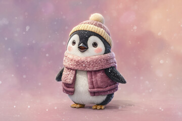 Obraz premium Cute penguin winter outfit pink scarf hat soft fur snowflakes adorable expression happy animal illustration