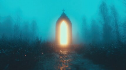 Fototapeta premium Light shines through an archway in a foggy forest at dusk