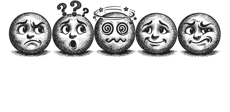 This vintage-style illustration features five unique face emoticons, each conveying a distinct emotion from anger and confusion to dizziness and doubt, on a clean white background.