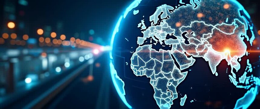 Futuristic globe rotates slowly with glowing tech elements, as the camera pans smoothly over a blurred cityscape backdrop, creating a cinematic depiction of global connectivity.