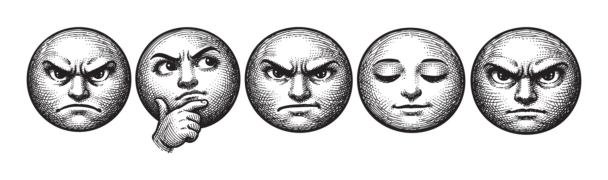 A line of five engraved faces depicts a range of emotions from anger to contemplation, with a black and white woodcut style on a white background.