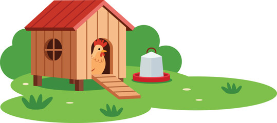Wooden Chicken Coop Hen House Flat Design Vector Illustration Farm Poultry Feeder Grass © auru
