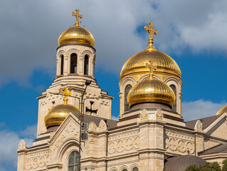 Golden Domes of Orthodox Cathedral. Stunning Religious Architecture and Travel Landmark. Cathedral of the Assumption in Varna. Varna is the sea capital of Bulgaria.