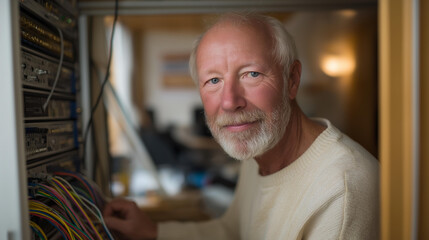 An older white male technician repairing audio equipment with colorful cables, showcasing expertise and passion, warm focused lighting over the workspace, close-up shot, sound engineering artistry.