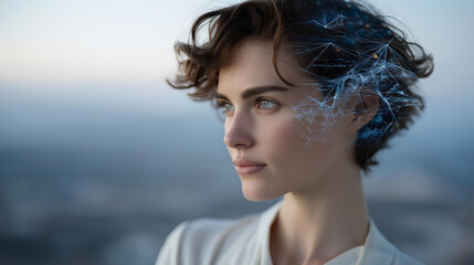 A wind turbine technician profile double-exposed with energy flow diagrams and power grids, symbolizing renewable energy infrastructure and sustainable industry. cinematic color correction, natural