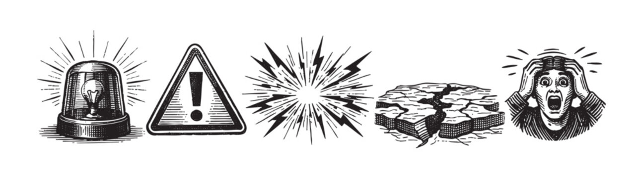A stylized black and white illustration depicts various symbols of danger and urgency, including a flashing alarm light, a warning sign, a burst of energy, cracked earth, and a screaming face.