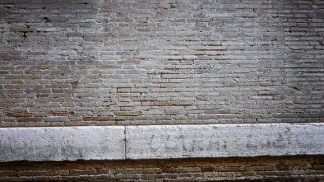 Weathered whitewashed brick wall texture with visible mortar, cracks and subtle color variation, sharp detail, building; background backplate copyspace template.