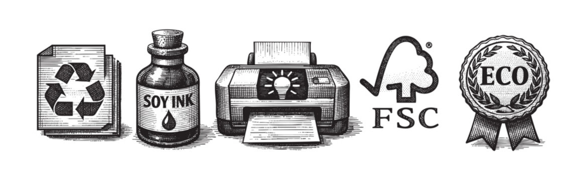 A series of black and white line art illustrations depict eco-friendly printing concepts, including recycling, soy ink, a printer, FSC logo, and an eco-award seal.