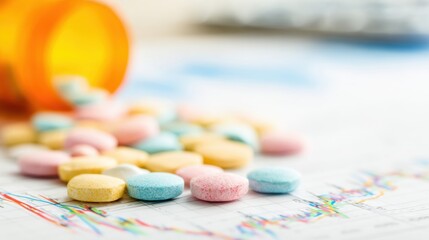 Pills spilled on a chart with data and a medicine bottle nearby