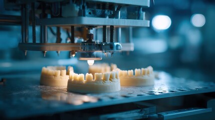 Close medium shot of a resin 3D printers build plate with beige resin dental work models in progress the fine features clear and the printers functional parts softly blurred around