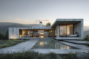 Fototapeta premium Modern concrete house with pool outdoor lounge area and large glass windows surrounded by natural landscape and mountains under soft evening light
