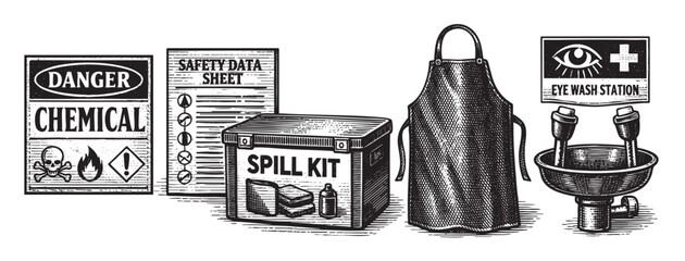 A black and white illustration depicting essential chemical safety equipment and warning signs, including a danger chemical sign, safety data sheet, spill kit, apron, and eye wash station.