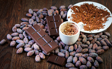 Cocoa drink, Chocolate bar Cocoa powder and beans, clos-up of Cocoa Products,
