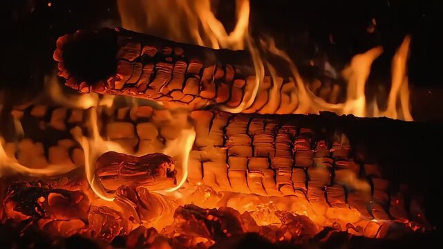 Close-up of burning logs in a fireplace, creating a warm and cozy atmosphere.