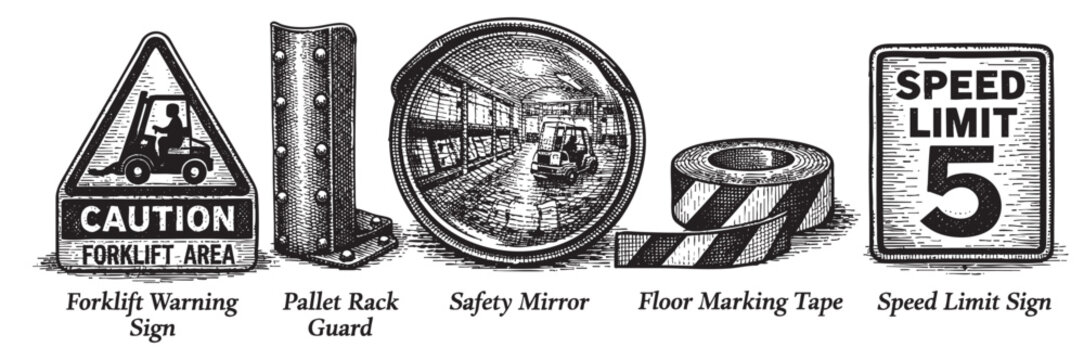 A collection of black and white illustrations depicting essential warehouse safety elements like forklift caution signs, barrier posts, warehouse interiors, caution tape, and speed limit signs.