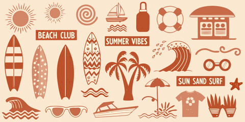A collection of summer themed icons including surfboards suns and beach elements © Tasnim