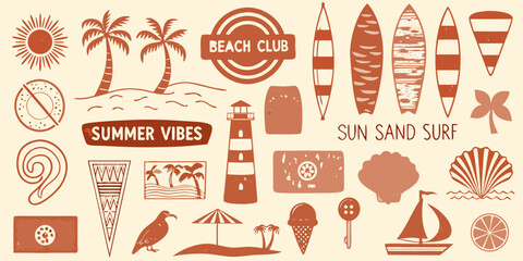 Summer themed illustrations sun surfboards beach elements and tropical vibes collection © Tasnim