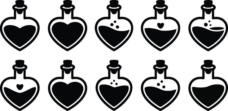 A collection of heart shaped potion bottles or magic elixir vials on a clean white background