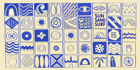 A colorful grid of hand drawn illustrations and abstract patterns in blue and white