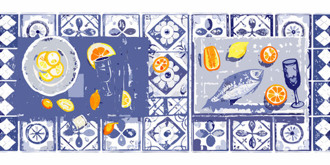 A decorative tile pattern featuring citrus fruits fish and glassware