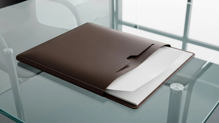 Brown leather document folder mockup lying on glass table in bright office environment