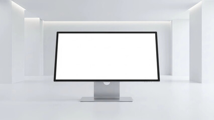 Fototapeta premium Blank computer monitor screen mockup standing on desk in minimalist white room