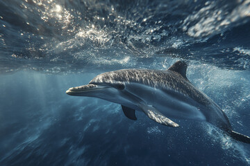 Fototapeta premium Dolphin swimming underwater in ocean with sunlight reflecting on water surface, showing marine life in natural habitat with clear blue water and bubbles