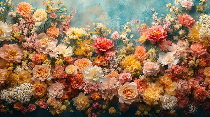 Vibrant summer flowers in shades of pink, yellow, and white create a chaotic yet beautiful arrangement against a textured blue background, perfect for a seasonal background or decorative element.