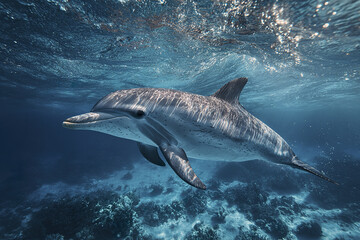 Fototapeta premium Dolphin swimming underwater near coral reef with sunlight reflecting on its body in clear blue ocean, showcasing marine life beauty and peaceful ocean environment