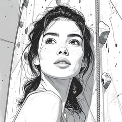 Woman gazes upward in a grayscale climbing gym illustration with wall fixtures and climbing rope detail
