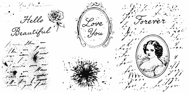 Vintage romantic ephemera with floral accents portraits and handwritten script