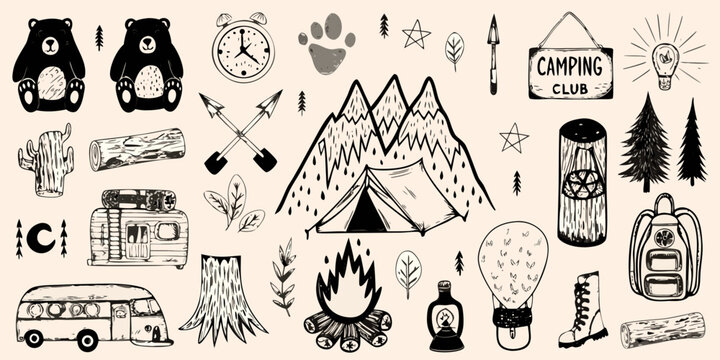 A charming collection of hand drawn camping and outdoors elements and icons