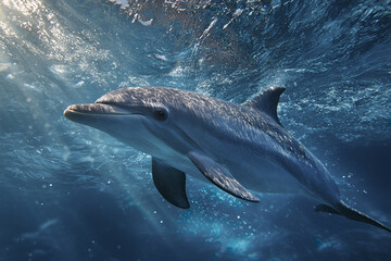 Fototapeta premium Dolphin swimming underwater in blue ocean water with sunlight rays creating peaceful marine life scene full of natural beauty and calm atmosphere