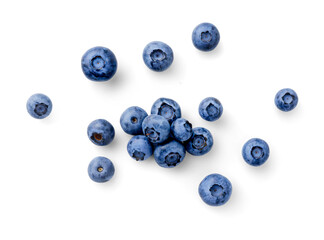 Fresh Blueberries Scattered on a Pure White Background. Blueberries isolated. Top view.