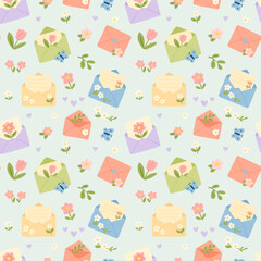 Seamless pastel vector pattern with cute envelopes, flowers, hearts and butterflies. Romantic spring design for stationery, wedding invites, greeting cards, wrapping paper and textiles